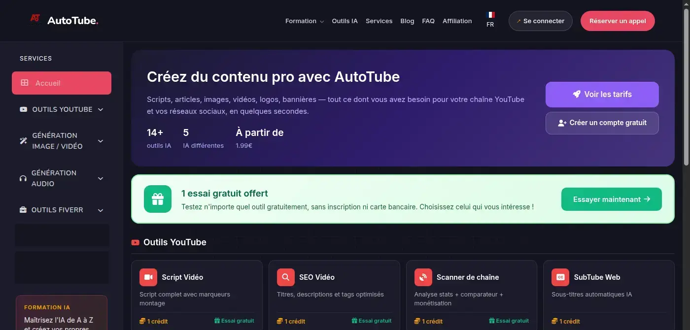 Dashboard des outils IA AutoTube